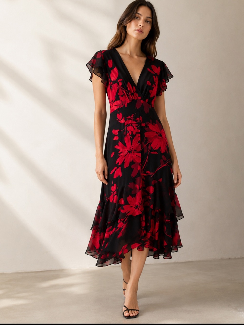 Tommy Hilfiger Floral Chiffon Midi Dress Size 8 Black Red Flutter Sleeve NWT